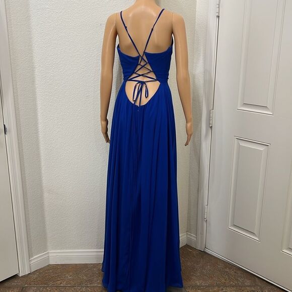 Betsy & Adam Blue Prom Gown Sz 8 VNeck Spaghetti Straps Tie Backless Pleated - Picture 9 of 15